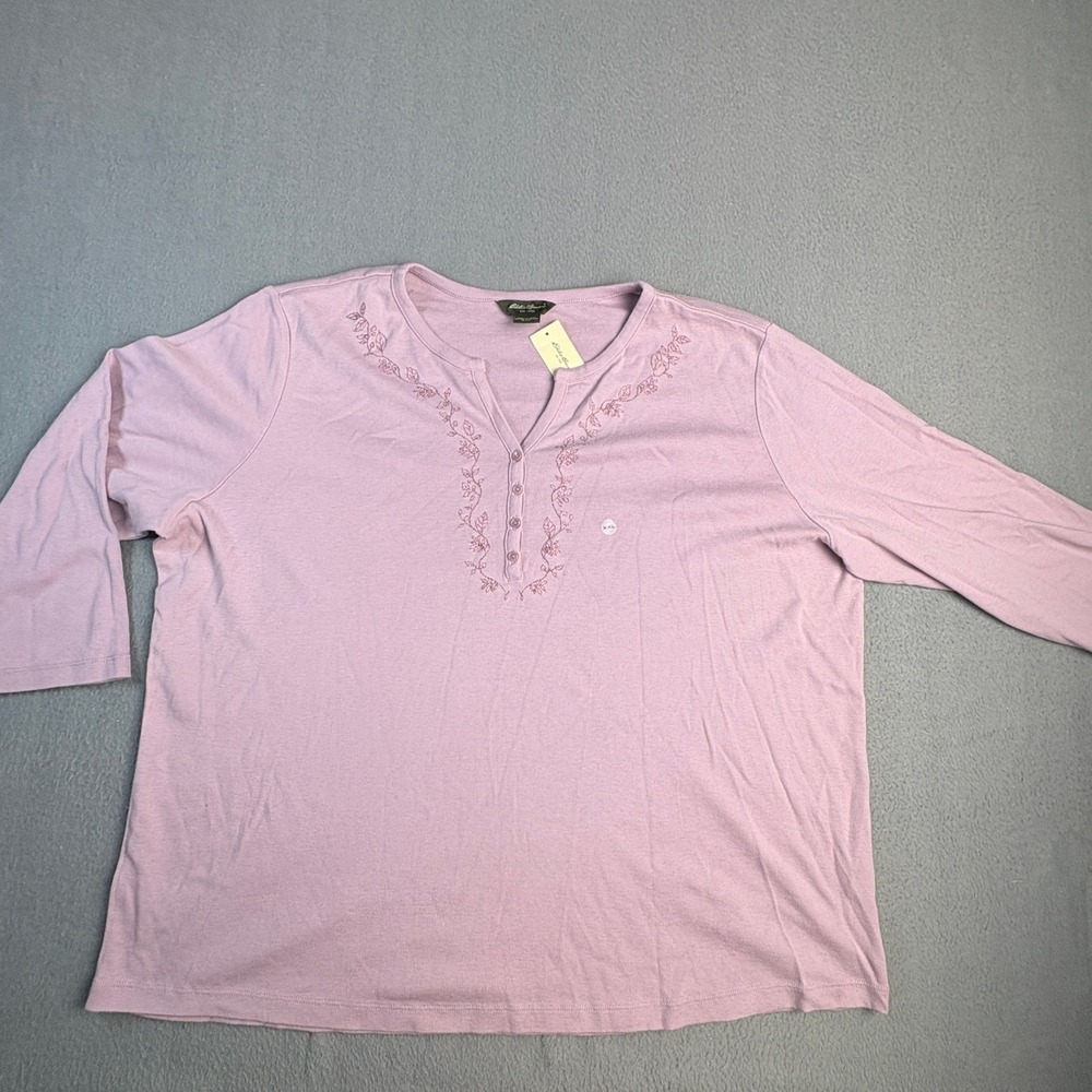 Eddie Bauer Womens XXL Iris Purple Floral Embroidered 3/4 Sleeve Henley Top NWT
